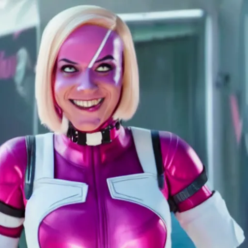 Image similar to A still of Gwenpool in Deadpool 3 (2023), blonde hair with pink highlights, no mask, white and light-pink outfit, smiling and winking at the camera