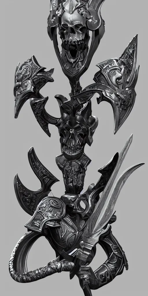 Image similar to a black and silver sword skull crest, weapon, a 3 d render by dom qwek, front side, concept art, trending on polycount, artstation, hard surface modeling, rendered in maya, zbrush, hd, vray, blizzard, symmetry