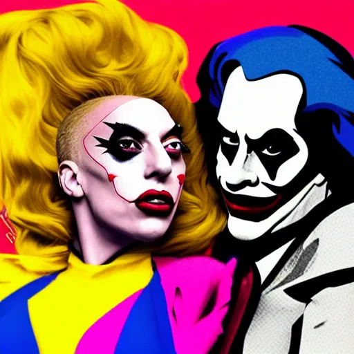 Image similar to richard hamilton and mimmo rottela as lady gaga harley queen and joaquin phoenix joker kissing, pop art, medium long shot, 2 color, random content position, hyper detailed content, dynamic composition, 4 k, ultra realistic art, smooth, sharp focus, illustration, concept art, intricate details, h 7 6 8