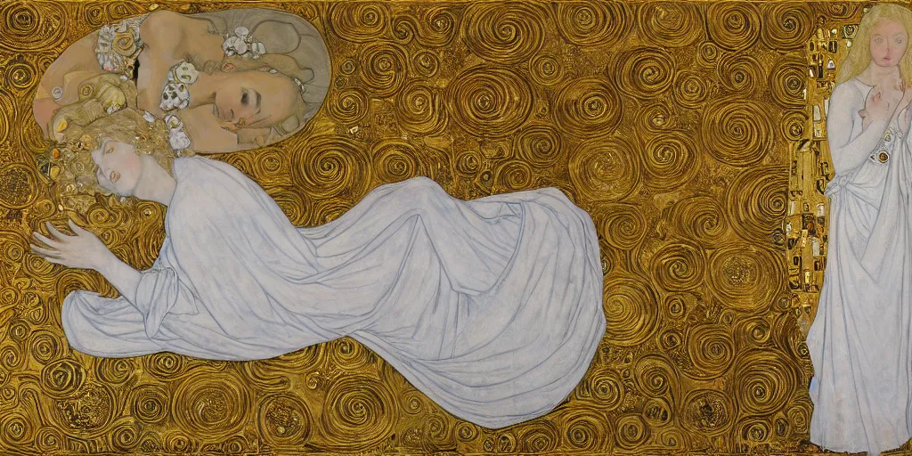 Prompt: a fresco of a blonde maiden in a white gothic dress, lying on the floor of a church, surrounded by golden decorations, white marble, some white flowers, in a luxurious style, by klimt