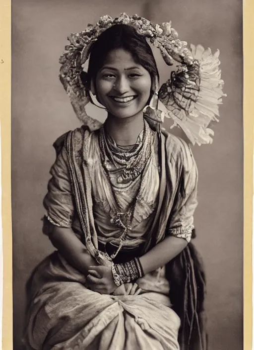 Prompt: hyper realistic and detailed vintage portrait photo of a beautiful beautifully lit nepalese Victorian woman laughing in a himalayan valley by alphonse mucha and annie leibovitz