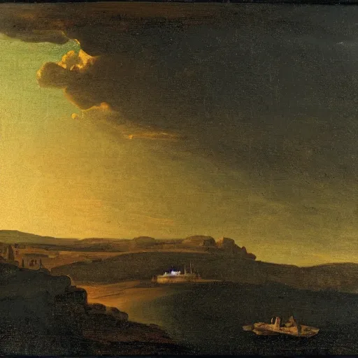 Prompt: Landscape painting by Claude Lorrain depicting the first settlement dome on the Mars (2140), orange-blue sky