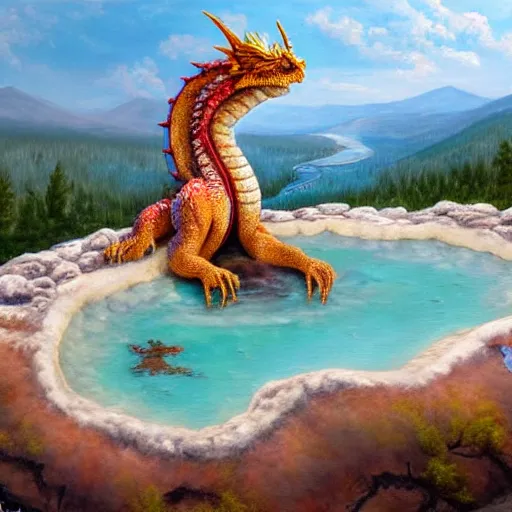 Prompt: dragon sitting in a hotspring at yellowstone national park, highly detailed oil painting, featured on artstation