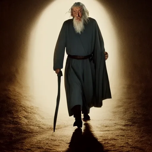 Image similar to landscape photo of ian mckellen as gandalf in a dark hood walking, arial shot, highly detailed, cinematic shot, cinematic lighting, 8 k, painting by john martin pandemonium, chiaroscuro, dark painting.