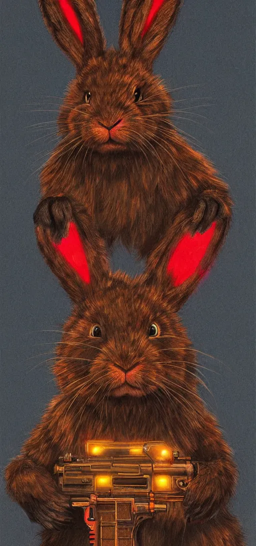 Prompt: portrait of neon fur rabbit with red eyes and a machine gun , 8k, highly detailed, sharp, realistic, in style of Brom