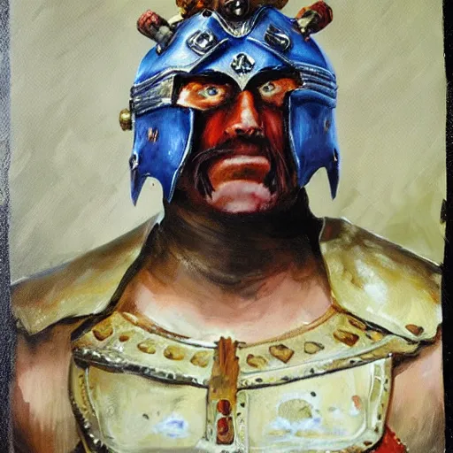 Image similar to a russian warrior who is wearing iron gauntlets in the shape of bear claws in the style of warhammer fantasy : : head and shoulders oil painting