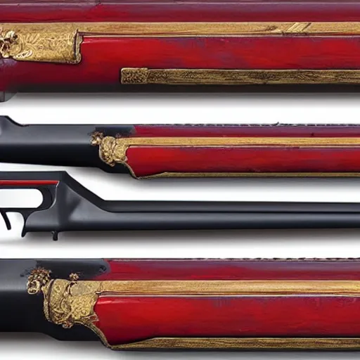 Image similar to a shotgun made from glossy red - painted wood and elements of gold metalwork