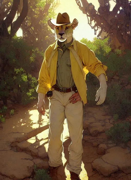 Prompt: beautiful portrait commission of a male Furry Anthro albino mountain lion Fursona wearing a yellow button-down shirt, olive green slacks on the streets of a desert western town. Atmospheric. Renowned character illustration by greg rutkowski, thomas kindkade, alphonse mucha, loish, norman rockwell. detailed, inked, western comic book art