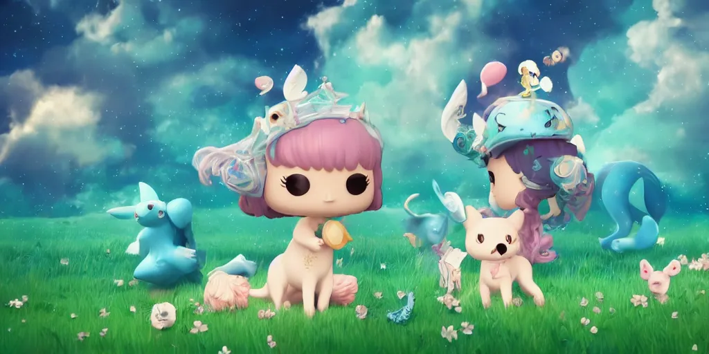 Prompt: Aquarius as a cute animal playing in a magical field, funko pop, digital art, artstation, cinematic photo, ratio 16:9