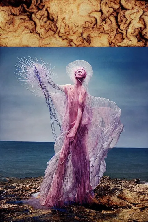 Prompt: a model wearing a jellyfish dress rising up from the sea by john rankin waddel, greg rutkowski, paolo roversi, tim walker, surreal