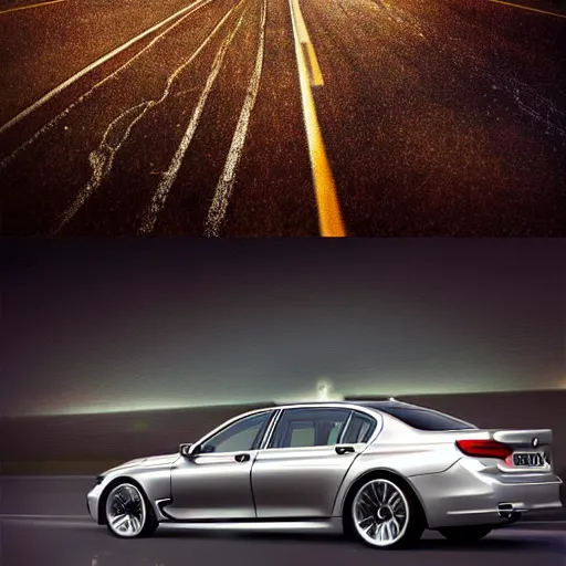 Image similar to a [ bmw 7 ]!! driving on an empty highway at night, [ fireworks in the sky ]!!, and a [ wooded forest ] in the background, trending on artstation, [ digital art ]!!, [ golden ratio ]!!, centered!!