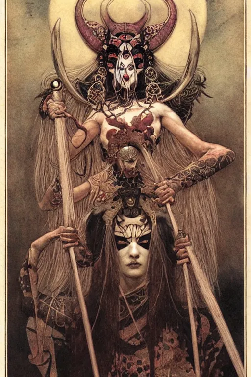 Image similar to kabuki viking priestess by wayne barlowe, gustav moreau, goward,  Gaston Bussiere and roberto ferri, santiago caruso, and austin osman spare, ((((occult art))))