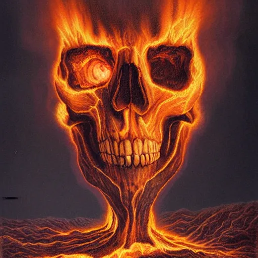 Prompt: an active supervolcano exploding with fire and thick smoke in the shape of a demonic skull by dan seagrave art