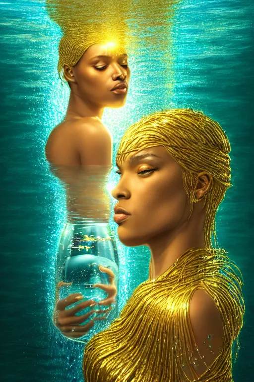 Prompt: illustration neo - renaissance cinematic super expressive! oshun goddess with water armor, staring at herself in a liquid mirror, gold flowers, highly detailed digital art masterpiece, smooth etienne sandorfi eric zener dramatic pearlescent soft teal light, ground angle uhd 8 k, sharp focus