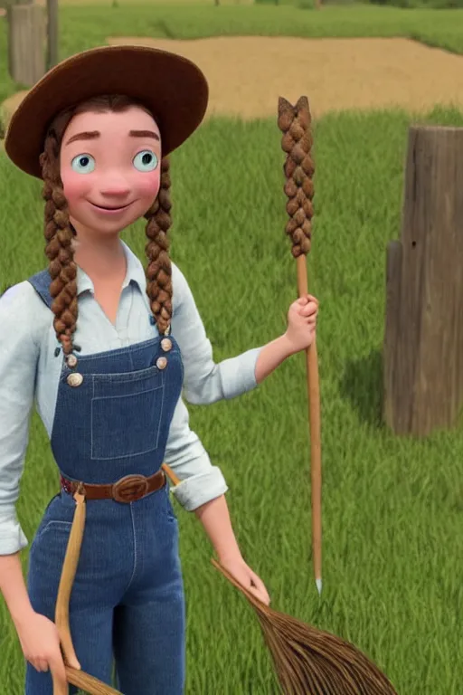 Prompt: complete view of the 3 d character design of a beautiful female young farmer with long brown braided hair and the face of anya taylor joy, wearing blue jean overalls and holding a pitchfork, in the style of pixar, disney