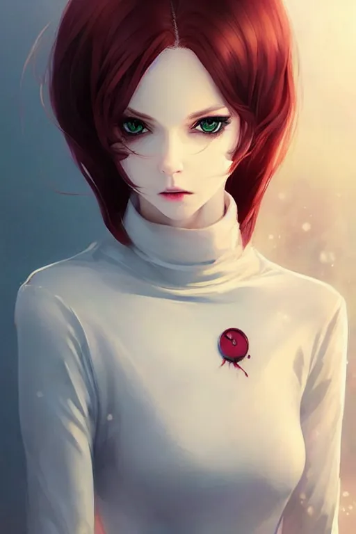 Image similar to beautiful pale vampire with auburn hair in a white turtleneck dress, on a super yacht, by guweiz and wlop and ilya kuvshinov and and moebius, artgerm, symmetrical eyes, aesthetic, gorgeous, stunning, alluring, attractive, half body portrait, fine details, detailed, artstation, deviantart, pinterest, digital art