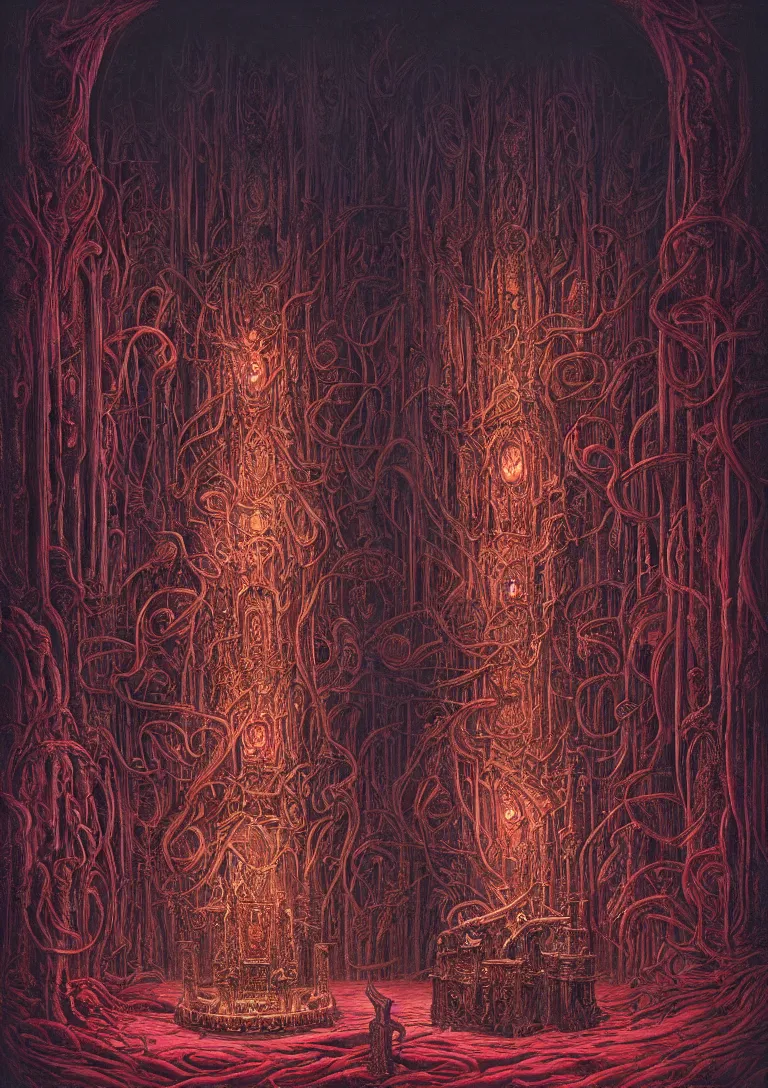 Image similar to matte painting of a gothic throne room, centered on a huge throne made of writhing entrails and organs, red tones, josan gonzales and moebius and enki bilal and and dan mumford and jean claude meziere and philippe druilleg