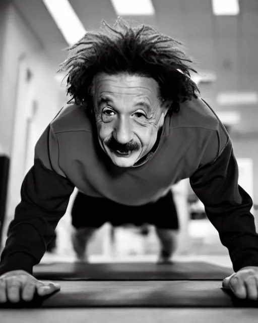 Image similar to a portrait of albert einstein working at the gym doing planks, highly detailed, trending on artstation, bokeh, 9 0 mm, f / 1. 4