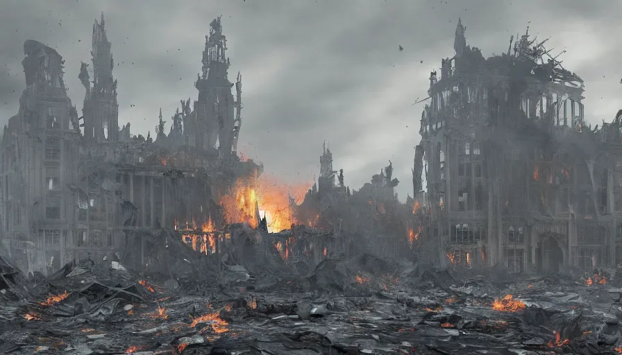 Image similar to destroyed palace of justice of brussels on fire, grey sky, debris, collapsing, hyperdetailed, artstation, cgsociety, 8 k