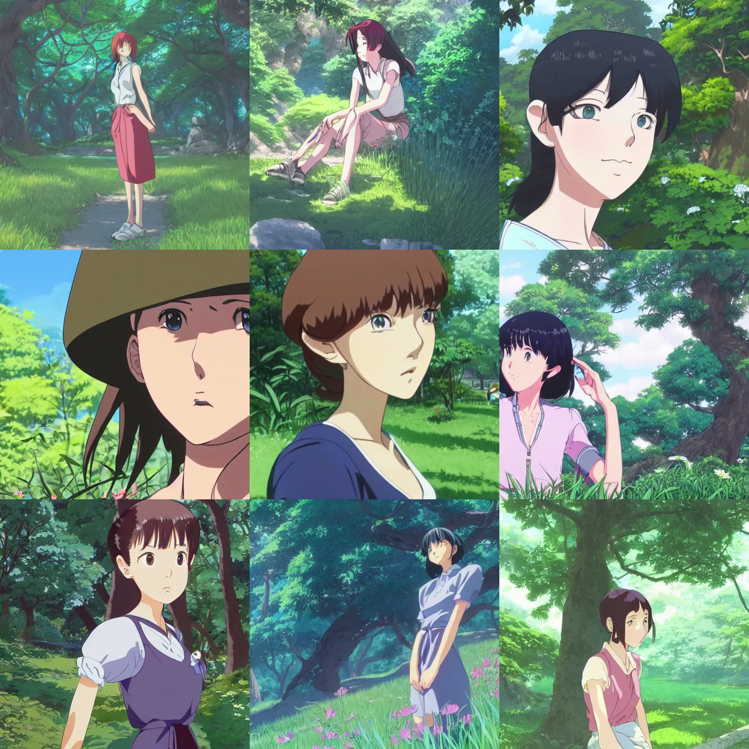 Prompt: Character portrait of a young woman in a lush park, 90s anime facial features, expressive eyes, highly detailed, cel shading, Studio Ghibli still, by Makoto Shinkai and Akihiko Yoshida