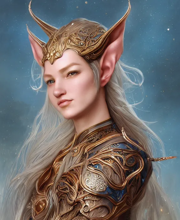 Prompt: a beautiful and highly detailed digital portrait of a dignified elf with long blue windswept hair in a rose gold breastplate by artgerm, karol bak, and lu ji, centered, artsation contest winner, cgsociety, fantasy art, cryengine, concept art, photorealism, daz 3 d, sketchfab, zbrush, vray