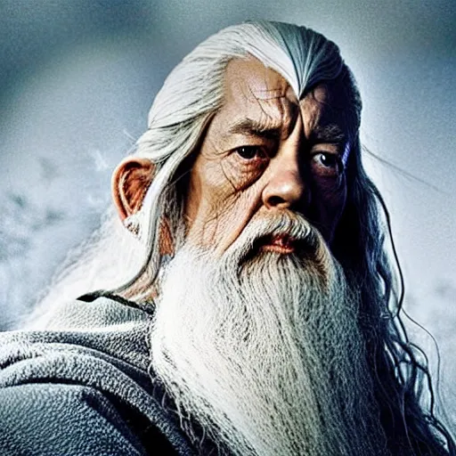 Image similar to a still from “ lord of the rings ” of a head and shoulders portrait of gandalf played by lu ting chu, photo by phil noto