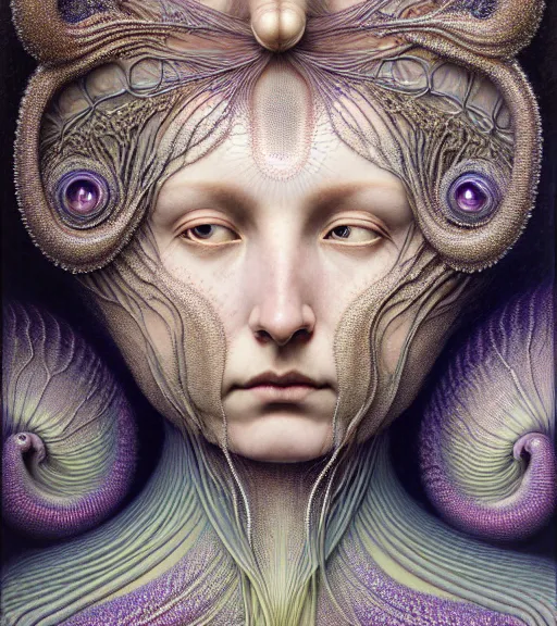 Prompt: detailed realistic beautiful alexandrite goddess face portrait by jean delville, gustave dore, iris van herpen and marco mazzoni, art forms of nature by ernst haeckel, art nouveau, symbolist, visionary, gothic, neo - gothic, pre - raphaelite, fractal lace, intricate alien botanicals, biodiversity, surreality, hyperdetailed ultrasharp octane render