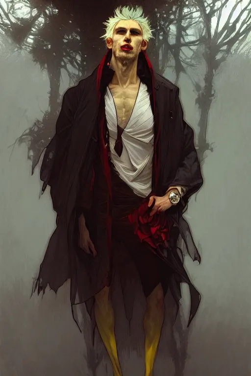 Image similar to portrait of a beautiful young fit male vampire with curly white hairs and yellow eyes, dressed with urban clothes, by greg rutkowski and alphonse mucha, d & d character, gradient white to red, modern nocturnal background, highly detailed portrait, digital painting, artstation, concept art, smooth, sharp focus ilustration, artstation hq