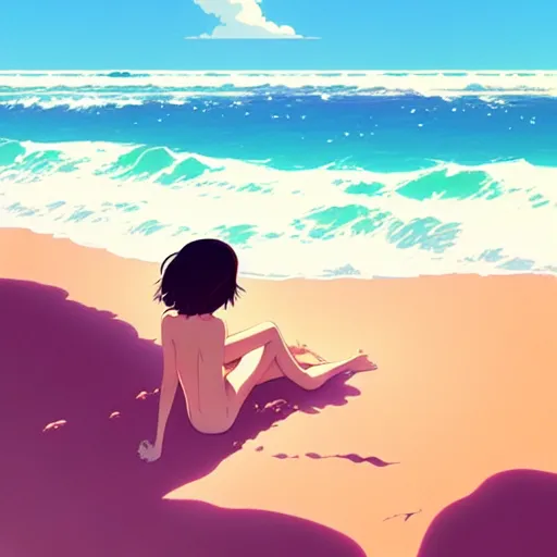 Image similar to Beautiful beach, crashing waves, Australian summer, muted colors, matte print, pastel colors, ornate, digital art, digital painting, fan art, elegant, pixiv, by Ilya Kuvshinov, by Studio Ghibli