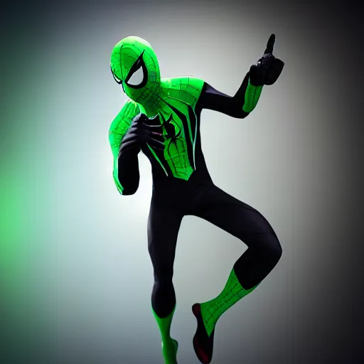 Image similar to green spider - man suit with black web lining, cinematic, volumetric lighting, realistic, hyperdetailed, photorealistic, photograph