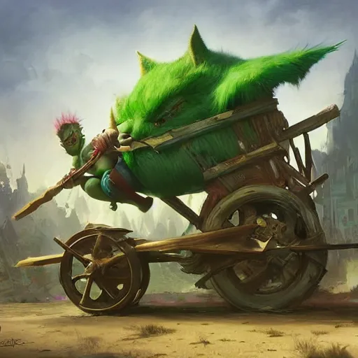 Prompt: chubby fantasy green goblin riding in a rickety wooden cart holding a lance, organic painting, sunny day, matte painting, bold shapes, hard edges, street art, trending on artstation, by huang guangjian, gil elvgren, ruan jia, greg rutkowski, gaston bussiere