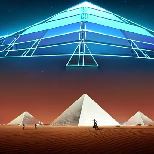 Prompt: massive metal futuristic pyramid with a band oh glowing blue lights around the middle, in a large futuristic desert city with atmospheric perspective