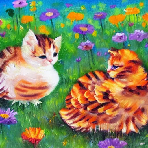 Prompt: Kitten cuddling with chicks on flower meadow, sunny day, colorful oil painting on canvas