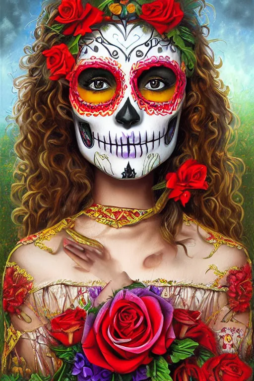 Prompt: Illustration of a sugar skull day of the dead girl, art by Mark Keathley