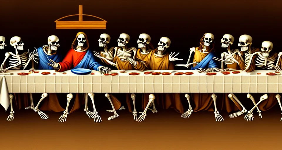 Image similar to last supper, all skeletons, true anatomy, artstation, by leonardo da vinci, trending on artstation