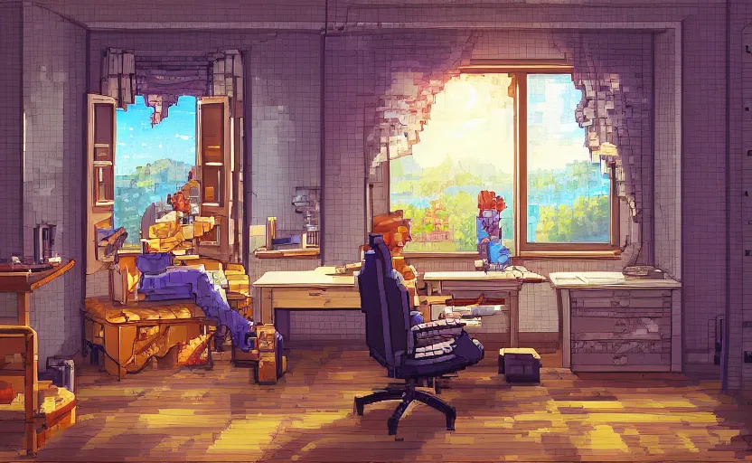 Image similar to Character sitting and relaxing in front of their work desk in their cozy room as a peaceful scene is seen through the room's window. Smooth Highly detailed masterpiece pixel-art. in the style of Close Highly detailed masterpiece professional artistry Sega, Namco, Neogeo, Capcom artist's Pixel-art. Trending on artstation. Slice-of-life genre art. Balanced colors and lighting scheme by James Gurney and artgerm. In the style of a 'Music to chill/study' to youtube video.