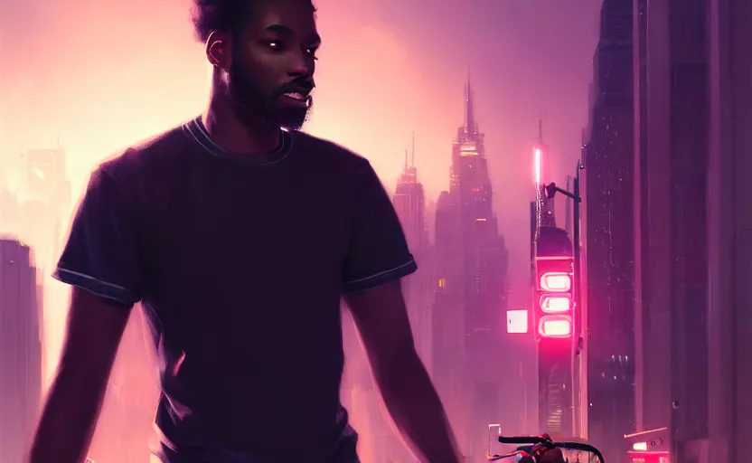 Image similar to single handsome black genius infiltrating the metaverse wearing jordans, urban atmosphere, glowing lights, highly detailed, digital painting, artstation, concept art, smooth, sharp focus, illustration, art by wlop, mars ravelo and greg rutkowski