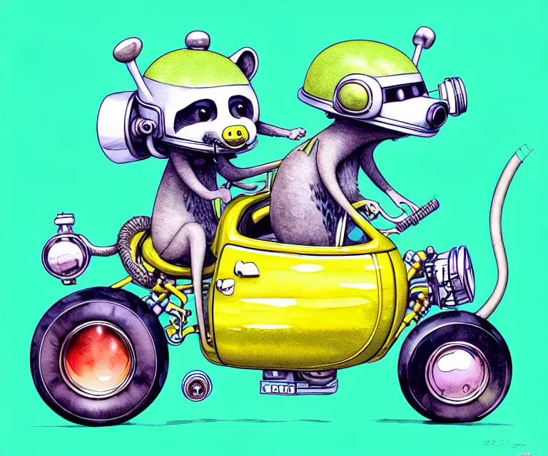 Image similar to cute and funny, racoon wearing a helmet riding in a tiny hot rod with oversized engine, ratfink style by ed roth, centered award winning watercolor pen illustration, isometric illustration by chihiro iwasaki, edited by range murata, tiny details by beeple, symmetrically isometrically centered