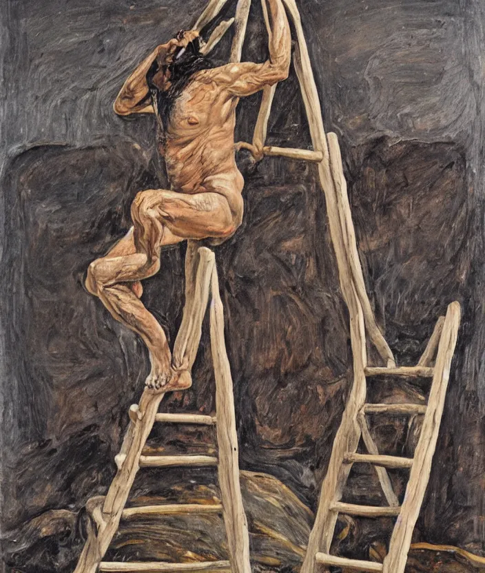 Image similar to indigenous man going up a ladder, painted by lucian freud, hd, super detailed, realistic, muted colors