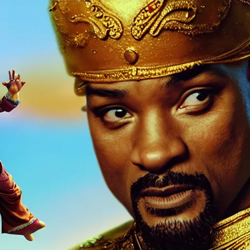 Image similar to will smith as the genie from alladin with a pistol, photo realistic, 8 k, detailed, will smith, alladin