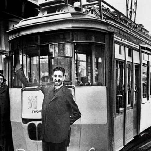 Prompt: gaudi stopping a tram with one hand while smiling