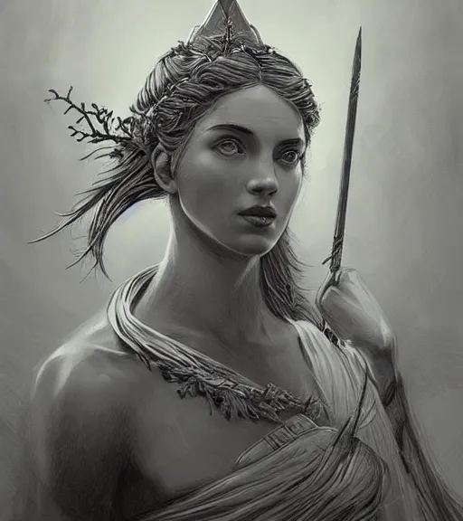 Image similar to aphrodite goddess wearing an arrow on her head, beautiful face, black and white drawing, in the style of greg rutkowski, fantasy, amazing detail, epic, intricate, elegant, smooth, sharp focus