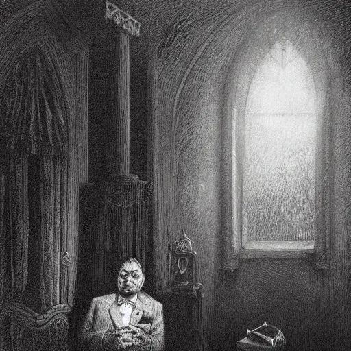 Image similar to viktor orban, creepy atmosphere, dark, portrait, realistic, very realistic, illustration by Gustave Doré