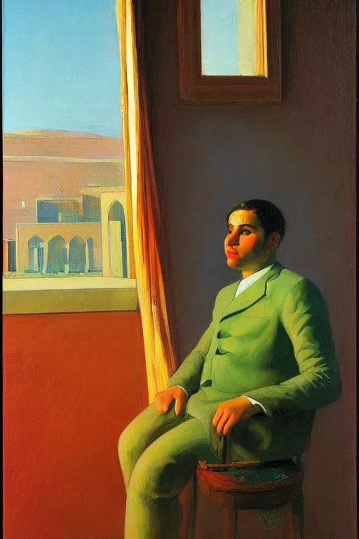Image similar to Portrait of a young mascular persian iranian man, by victor Nizovtsev, edward hopper, giorgio di chirico