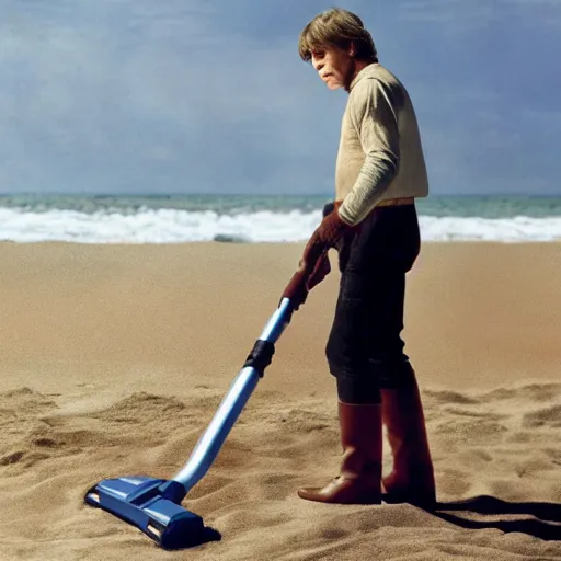 Image similar to Luke Skywalker vacuuming the beach to remove sand, ultra realistic, professional photo, 8k, Mark Hamill face,