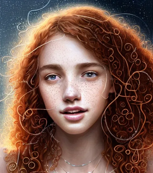 Image similar to portrait of teenage aphrodite, light freckles, curly copper colored hair, smiling kindly, wearing an embroidered white linen dress, intricate, elegant, mother of pearl jewelry, glowing lights, highly detailed, digital painting, artstation, concept art, smooth, sharp focus, illustration, art by wlop, artgerm, and greg rutkowski