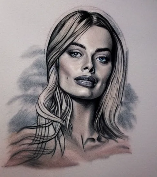 Prompt: tattoo design sketch of margot robbie and beautiful mountain scenery mash up, in the style of matyas halasz, surrealist, amazing detail, sharp
