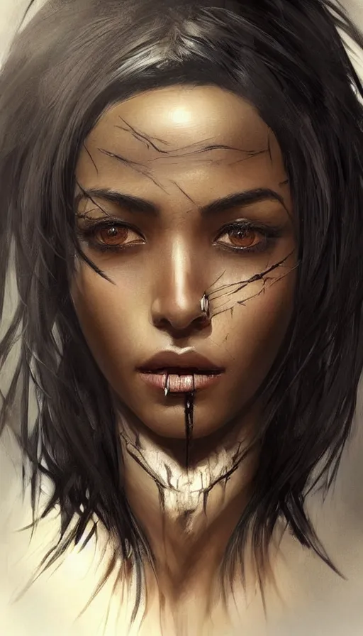 Image similar to woman with short, spiky black hair and dark skin, slanted amber eyes, long thin scar on her face. highly detailed, digital painting, artstation, concept art, sharp focus, beautiful face, expressive eyes, illustration, art by Artgerm and greg rutkowski and alphonse mucha