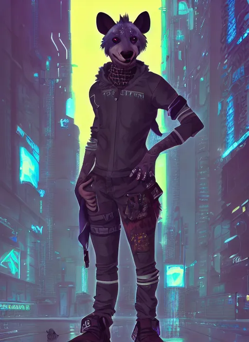 Image similar to character portrait of a male anthro hyena fursona with a tail and a cute beautiful attractive detailed furry face wearing stylish cyberpunk clothes in a cyberpunk city at night while it rains. color page, tankoban, 4K, tone mapping. By Nomax, Kenket, Rukis.