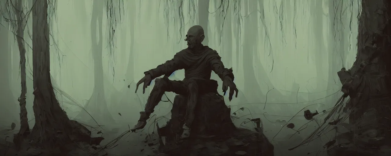 Image similar to duotone noir illustration close up of bald merchant demon sitting below willow tree in medieval brown tunic. foggy evening. dark dream atmosphere with volumetric hellish lighting, by sachin teng and sergey kolesov and ruan jia and heng z. graffiti art, scifi, fantasy, hyper detailed. octane render. concept art. trending on artstation